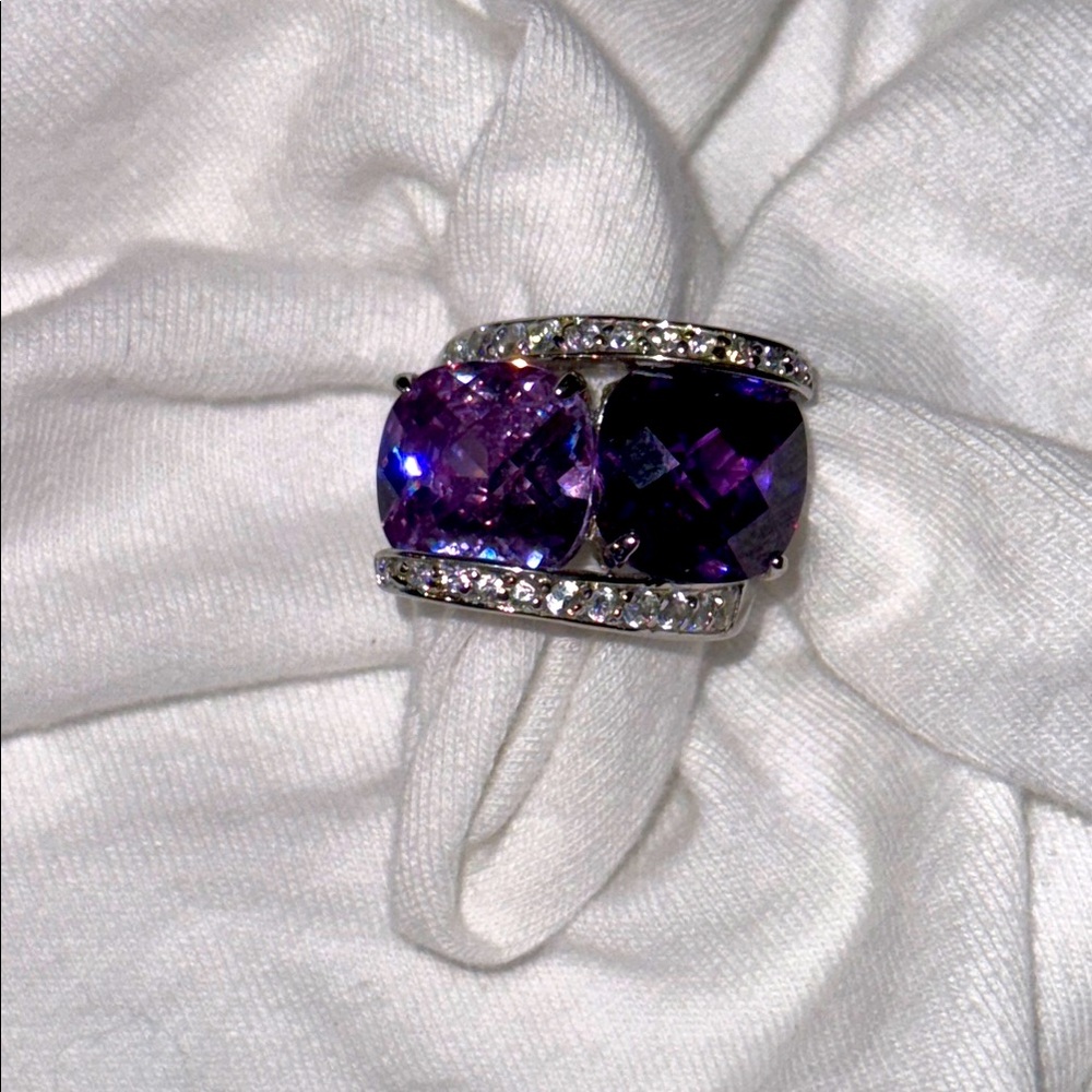925 Silver Elegant Large Amethyst Gemstone Double-Cushion Ring with Pavé Accents